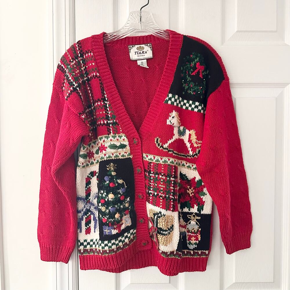 Tiara International Petites Red V Button Cardigan Christmas Holiday Novelty PM